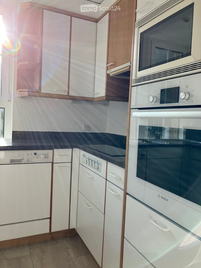 Modern kitchen with white cabinets, stainless steel appliances, and a dark countertop.