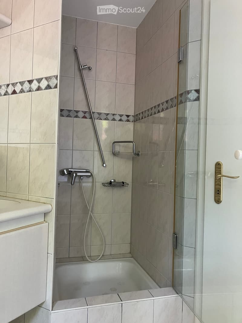 Modern bathroom with a bathtub, glass shower enclosure, and tiled walls. Features a handheld shower hose and a chrome faucet.
