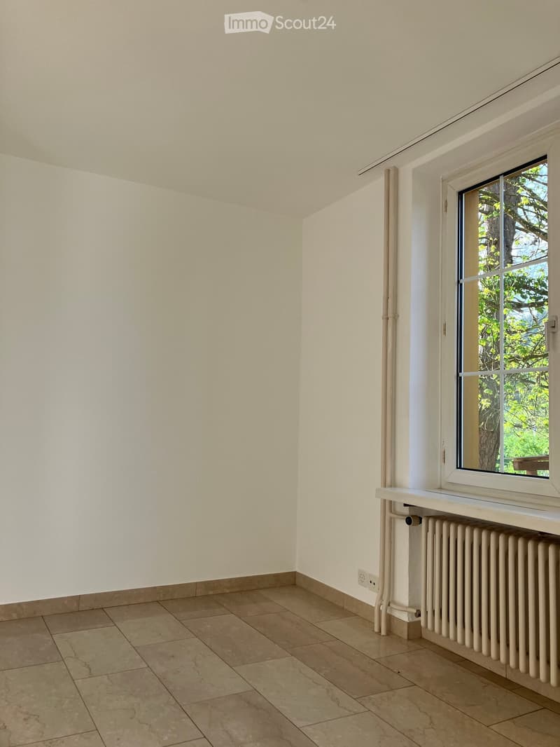 Empty room with tiled floor, white walls, radiator, and large window showing greenery outside.