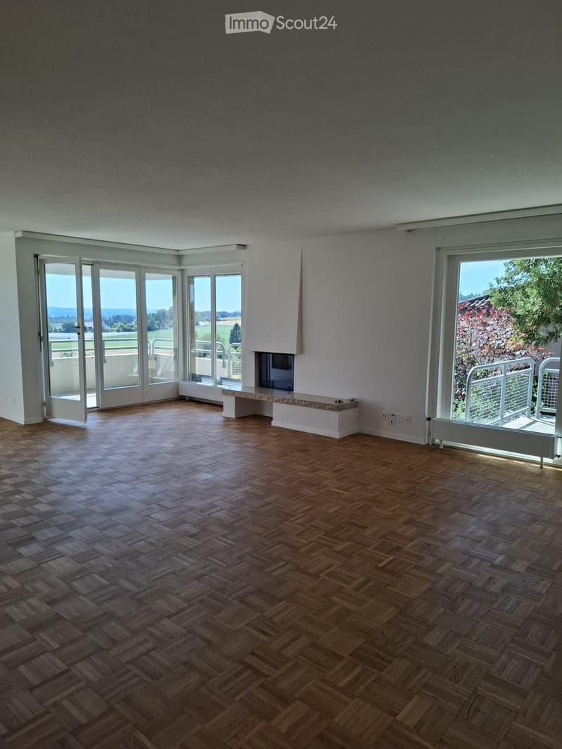 Empty room with wooden herringbone flooring, large windows, and a fireplace. No furniture or equipment present.