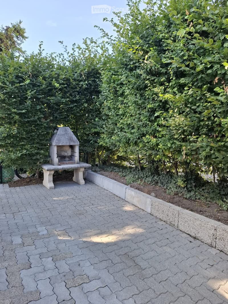 A paved outdoor area with a stone barbecue and surrounding greenery.