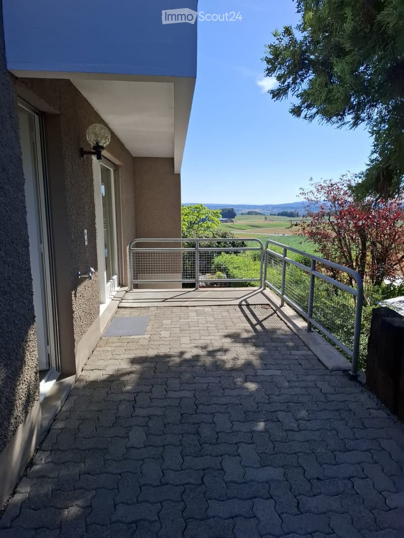 Balcony with brick pavement, metal railing, and scenic countryside view.