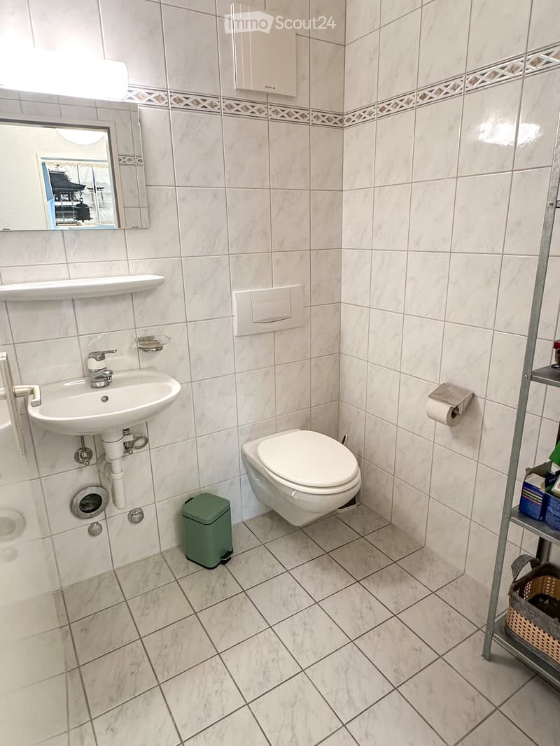 A modern bathroom with white tiles, a sink, toilet, mirror, and a small trash bin. The walls feature decorative tile borders and a built-in shelf above the sink.