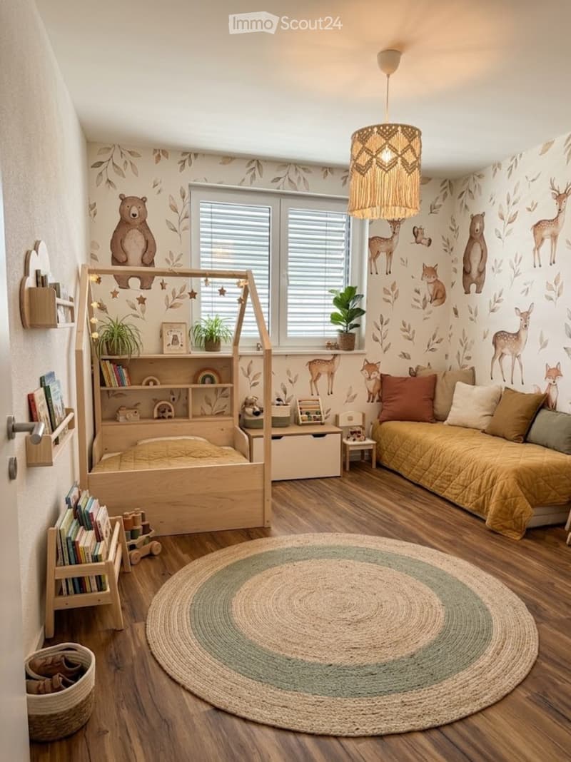 Cozy children's bedroom with a wooden bed, sofa, bookshelf, small table, and decorative rug. Features animal-themed wallpaper and warm lighting.