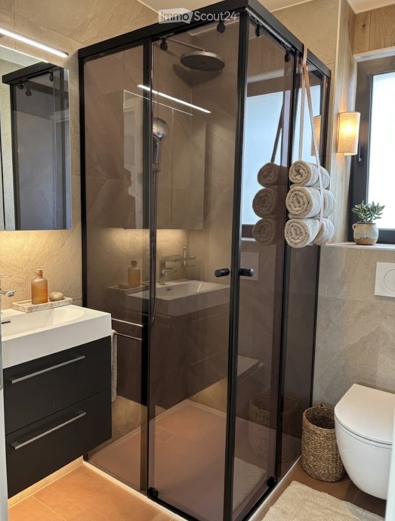 Modern bathroom with a glass-enclosed shower, white sink, and toilet. Features include a towel rack, decorative bottles, and a small potted plant on the windowsill.