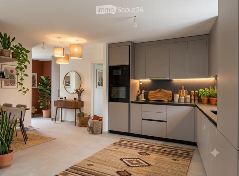 Modern kitchen with grey cabinets, stainless steel appliances, and a dining area. Features include pendant lights, a large mirror, and decorative plants.