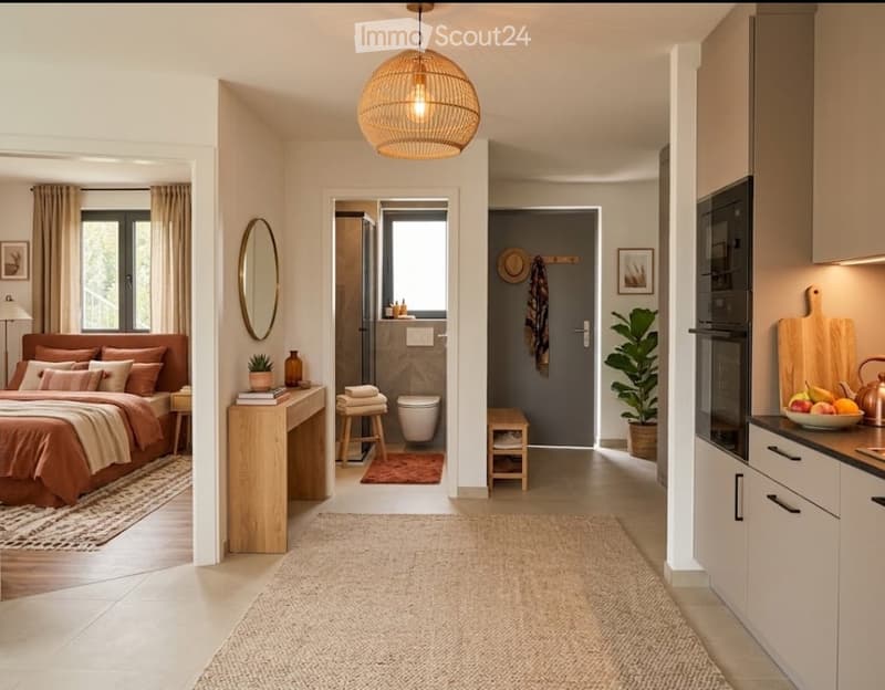 A modern, open-plan living space featuring a cozy bedroom area with a bed, nightstand, and mirror, a small bathroom with a toilet and stool, and a sleek kitchen area with an oven, fridge, and countertop items.