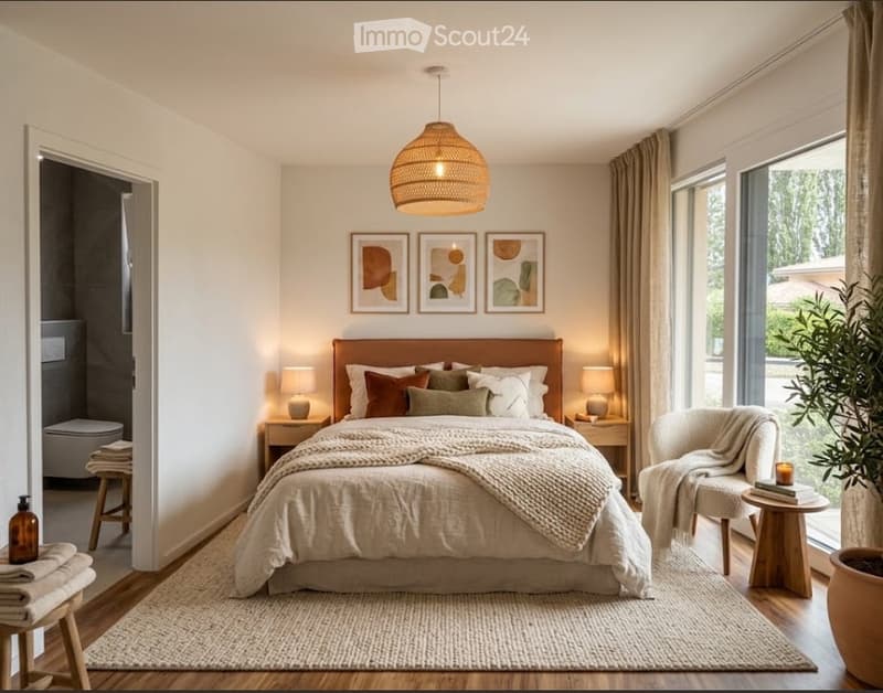 A modern bedroom with a large bed, nightstands, a chair, and a small table. The room features large windows with curtains, a woven hanging light fixture, and decorative artwork on the wall.