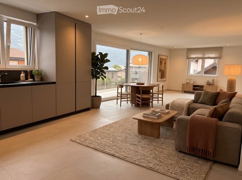 Open-plan living and dining area with modern furniture, large windows offering a scenic view, and a cozy seating arrangement.