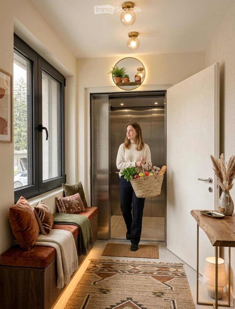 Modern hallway with a bench, decorative pillows, a woven basket, and a small table with a vase of dried plants. A woman is walking towards an elevator holding a shopping bag.