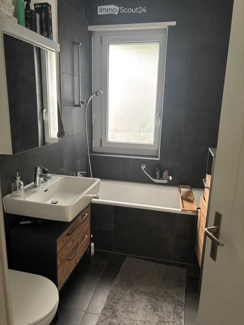 Modern bathroom with dark grey tiles, a white sink, a bathtub, a toilet, a shower head, a mirror, and a wooden cabinet.