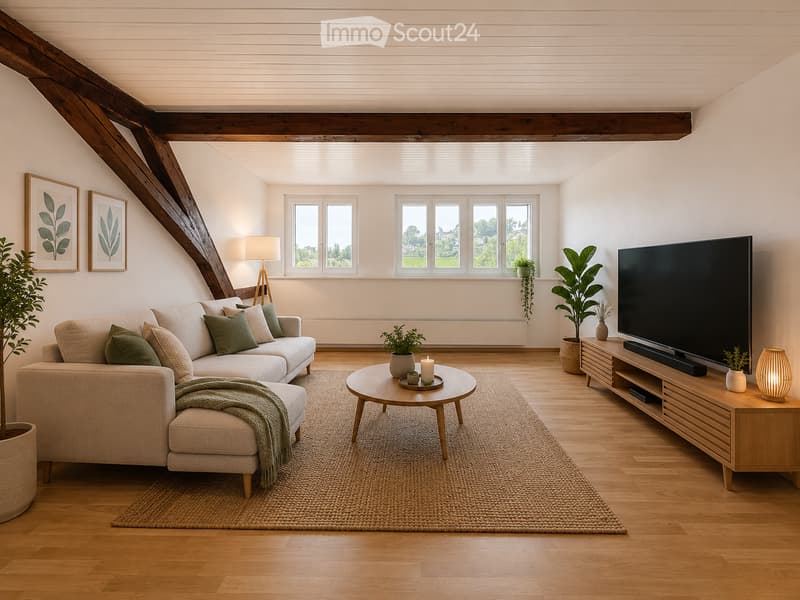 Bright living room with wooden floors, large windows, a sectional sofa, coffee table, TV stand, and decorative plants.
