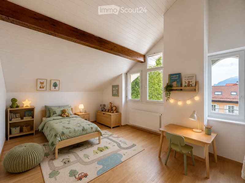 Cozy children's bedroom with a slanted wooden ceiling, large windows, a bed with green bedding, a desk with a lamp, a round stool, and decorative items including toys and picture frames.