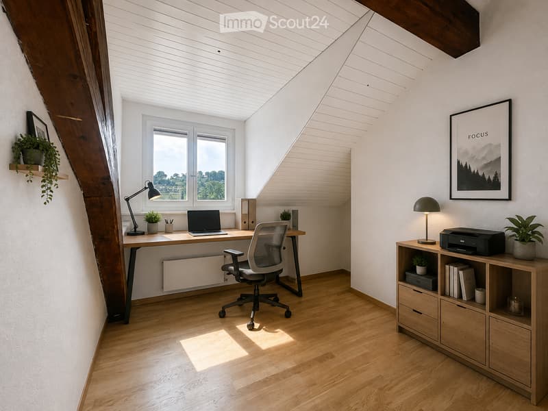 Bright, modern home office with wooden flooring, large windows, a desk with a laptop, ergonomic chair, shelving unit with books and printer, and decorative plants.