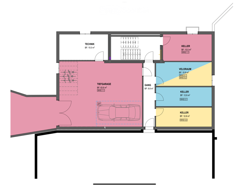 Floor plan showing a basement level with a deep garage, technical room, storage areas, and multiple cellar spaces.