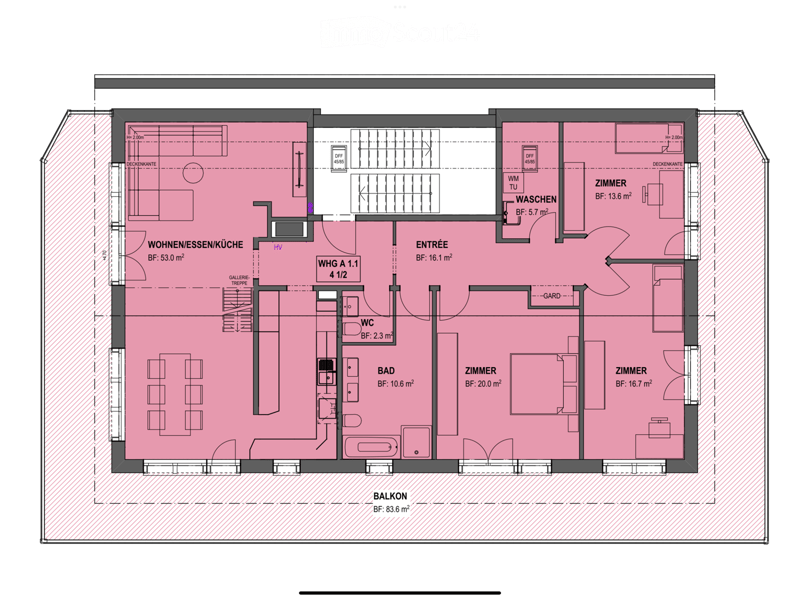 Floor plan of a 4.5-room apartment with living/dining/kitchen area, two bedrooms, bathroom, WC, entrance, balcony, and utility room.
