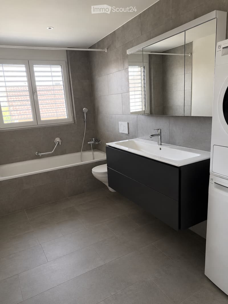 Modern bathroom with grey tiles, a bathtub, a sink with a black cabinet, a toilet, a large mirror, and a showerhead.