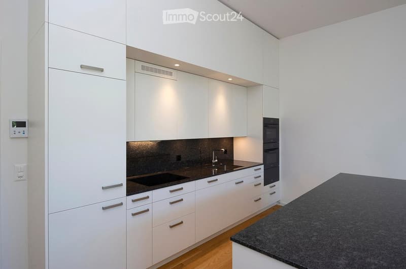 Modern kitchen with white cabinets, dark countertops, stainless steel sink and faucet, built-in oven, and sleek design.