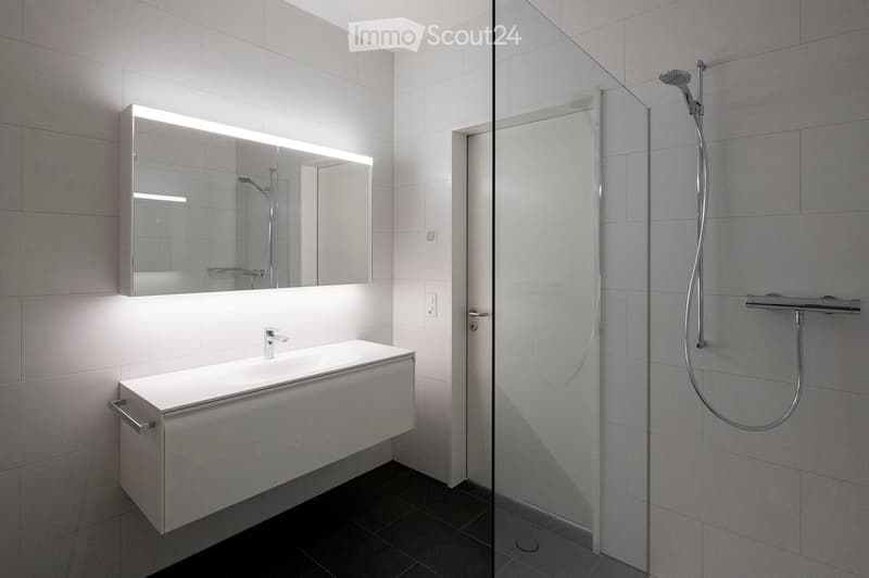 Modern bathroom with a white sink, built-in cabinet, illuminated mirror, and a glass-enclosed shower with a handheld showerhead.