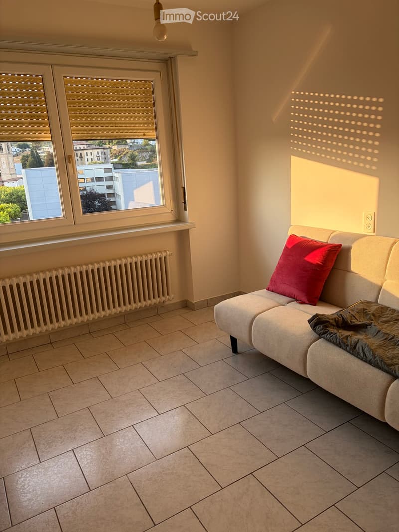 Living room with tiled floor, large window offering a view, radiator, and a sofa with a red pillow and a blanket.