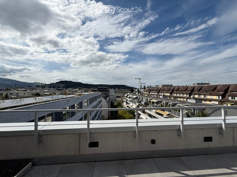 Roof terrace with a metal railing, overlooking a cityscape with buildings, cranes, and distant hills under a partly cloudy sky.