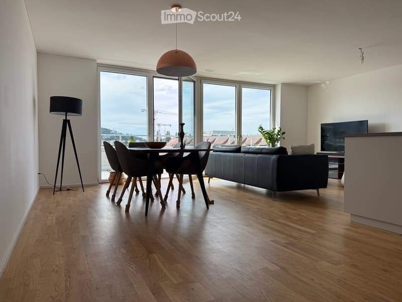 Modern living and dining area with hardwood floors, large windows offering a view, a dark blue sofa, a dining table with chairs, and a television on a stand.