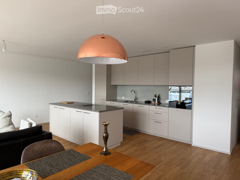 Modern open-plan living and kitchen area with white cabinets, grey countertops, a central island, a black sofa, a wooden dining table with chairs, and a large pendant light.
