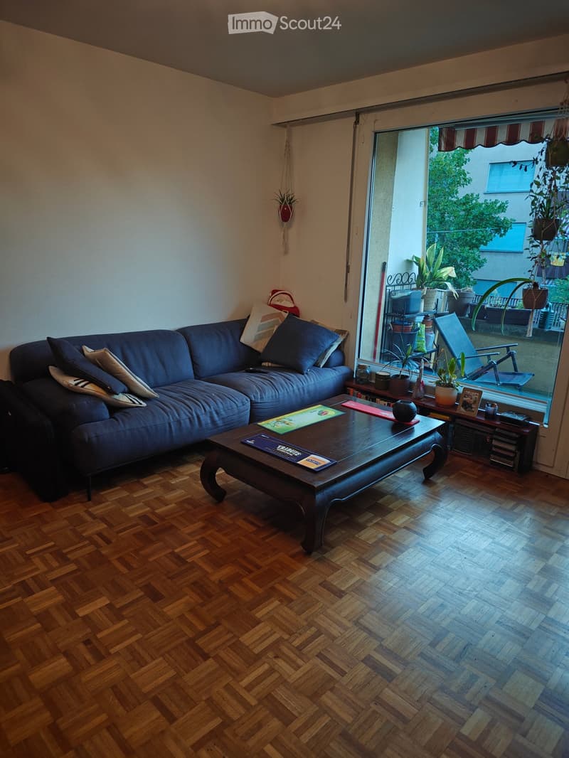 Living room with wooden herringbone flooring, a dark blue sectional sofa, a dark wooden coffee table, and a small table with plants near the balcony entrance.