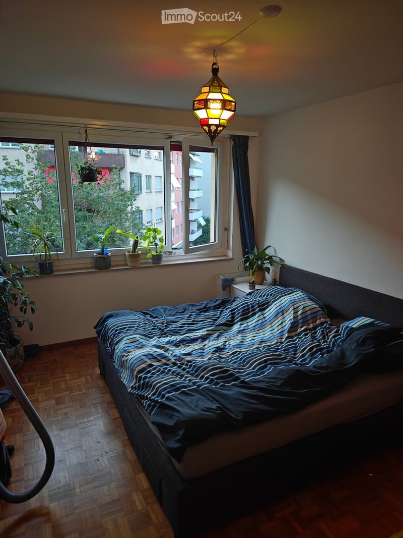 Cozy bedroom with wooden flooring, large window with potted plants on the sill, a bed with striped bedding, a nightstand with a lamp, and additional plants near the window.