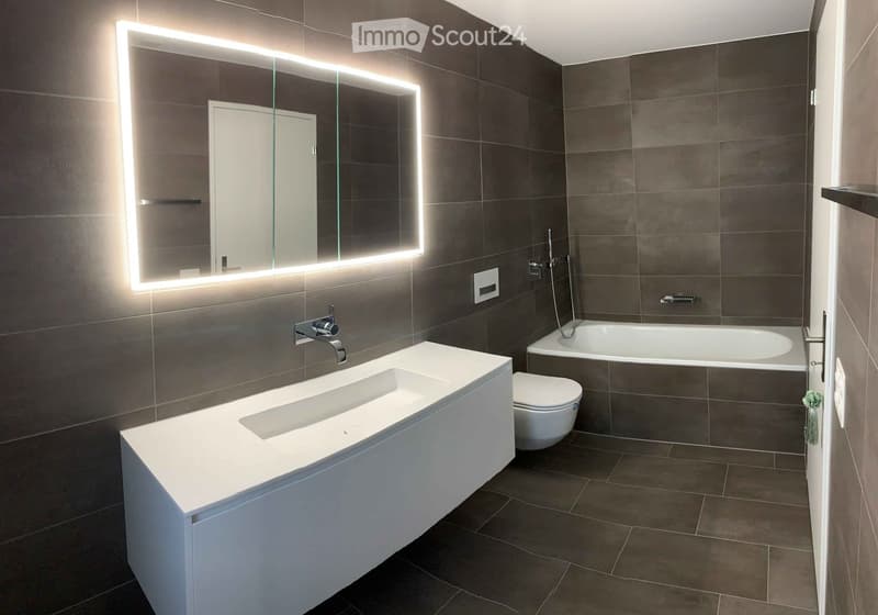 Modern bathroom with dark tiled walls, a white sink, a toilet, a bathtub, and a large illuminated mirror.