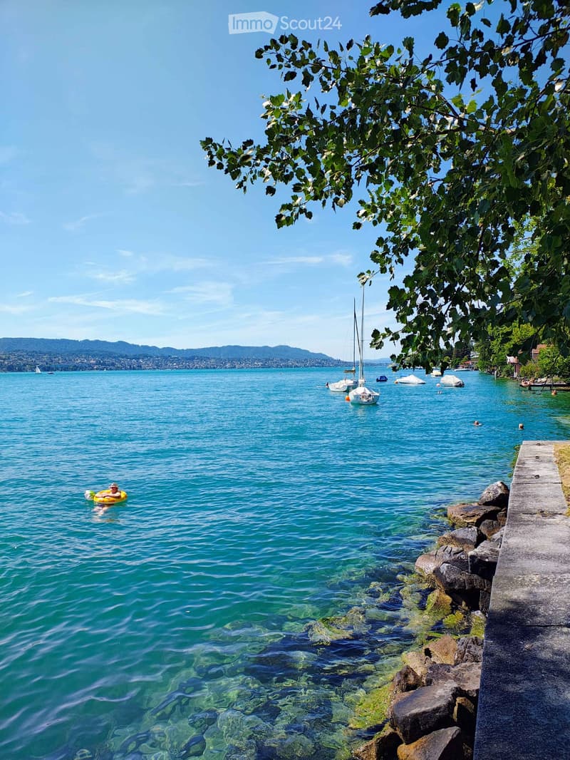 A serene lakeside scene with clear blue water, sailboats, and a person on an inflatable ring near the shore, surrounded by trees and distant mountains.