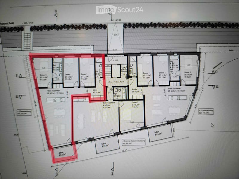 Floor plan showing multiple apartments with labeled rooms, dimensions, and floor areas. Includes living spaces, bedrooms, bathrooms, and entrances.