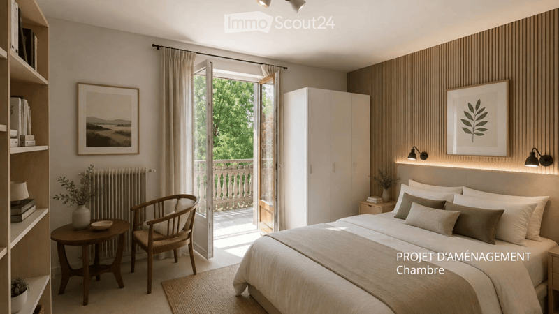 Modern bedroom with a large bed, nightstand, wooden chair, small round table, shelves, radiator, and picture frames. Features an open door leading to a balcony with a view of greenery.