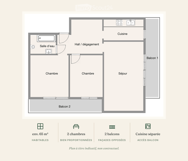 Floor plan of a 65 m² apartment with two bedrooms, a separate kitchen, a bathroom, a living room, and two balconies.