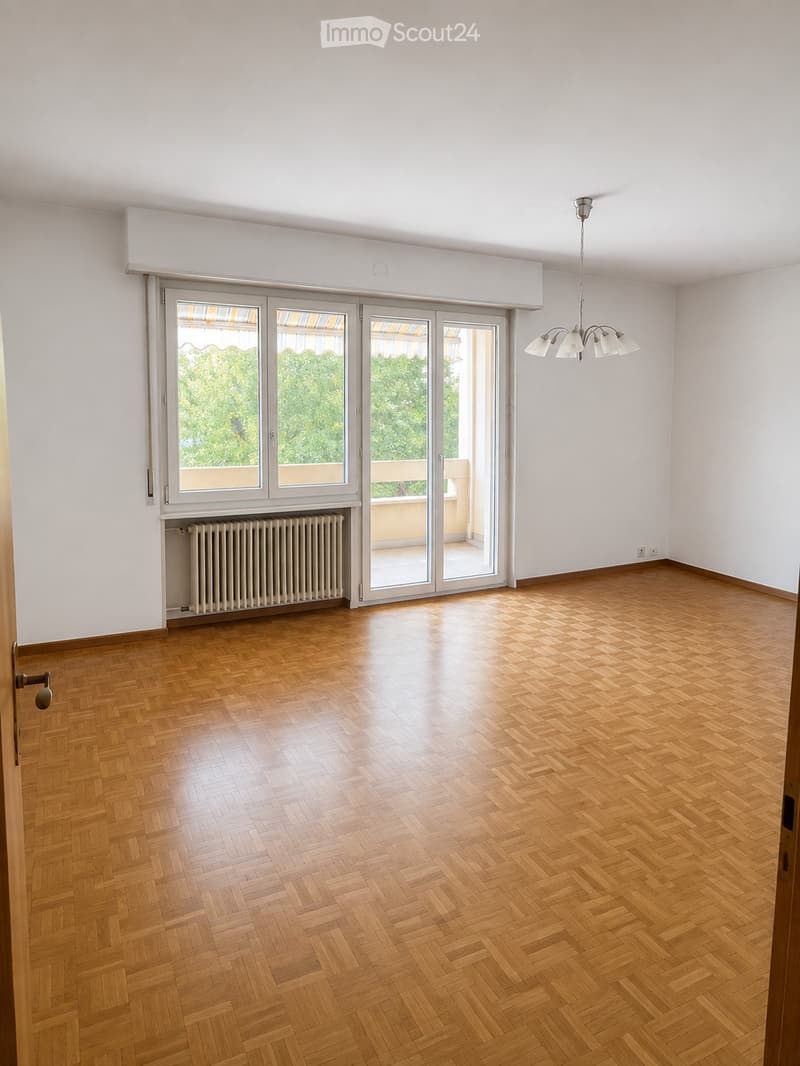 Empty room with wooden herringbone flooring, white walls, large sliding glass doors leading to a balcony, radiator, and a ceiling light fixture.