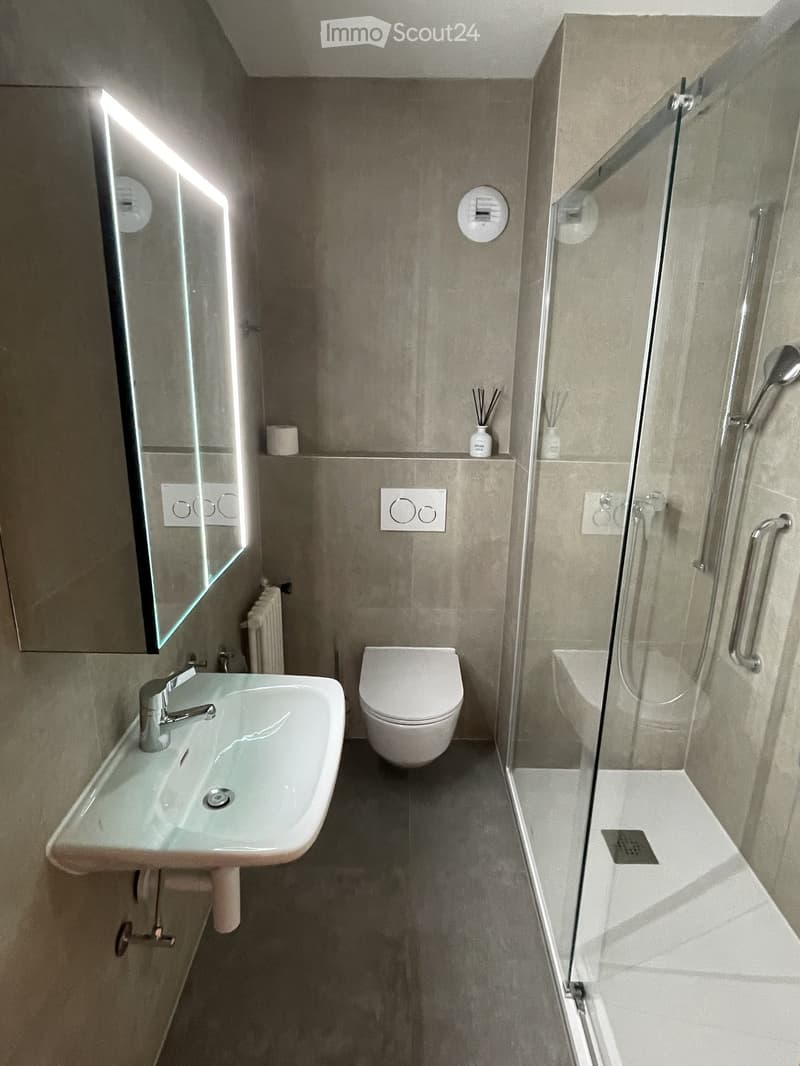 Modern bathroom with a sink, toilet, shower, and a large mirror with built-in lighting. The walls are tiled in a neutral color, and the floor is dark grey.