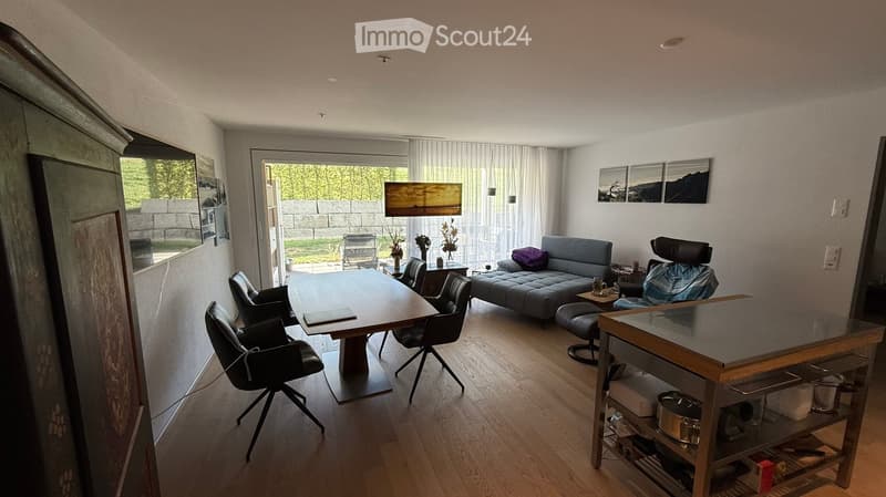Modern living room with a grey sectional sofa, a wooden dining table with chairs, a glass coffee table, and a small kitchen area with shelves and pots.