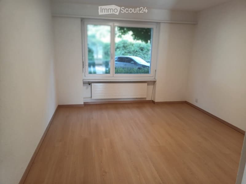 Empty room with wooden flooring, white walls, and a large window with a view of a car and greenery outside.