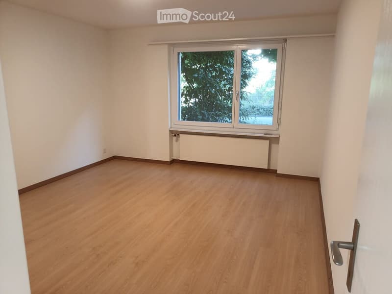 Empty room with wooden flooring, white walls, and a large window with a view of greenery. A radiator is visible below the window.