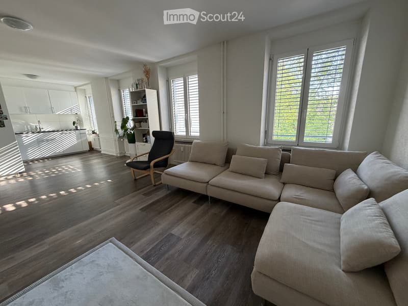 Modern living room with a large sectional sofa, a wooden chair, a coffee table, and a small kitchen area with white cabinets and a sink.