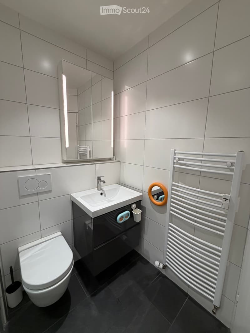 Modern bathroom with white tiles, a toilet, a sink with a mirror above it, a towel rack, and a light switch on the wall.