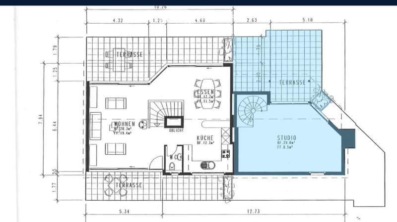 Floor plan showing a studio, kitchen, dining area, living area, and three terraces.