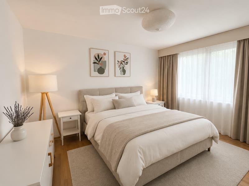 Modern bedroom with a large bed, nightstands, lamps, a vase with dried flowers, and artwork on the wall.