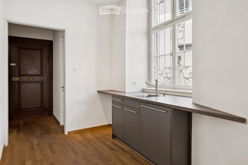 Modern kitchen with light wooden flooring, white walls, grey cabinets, and a stainless steel sink with a modern faucet. A large window with decorative metal bars is visible.