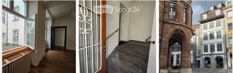 Three images showing a hallway with wooden flooring, a staircase with a metal railing, and an exterior view of a historic building with arched doorways and a cobblestone street.