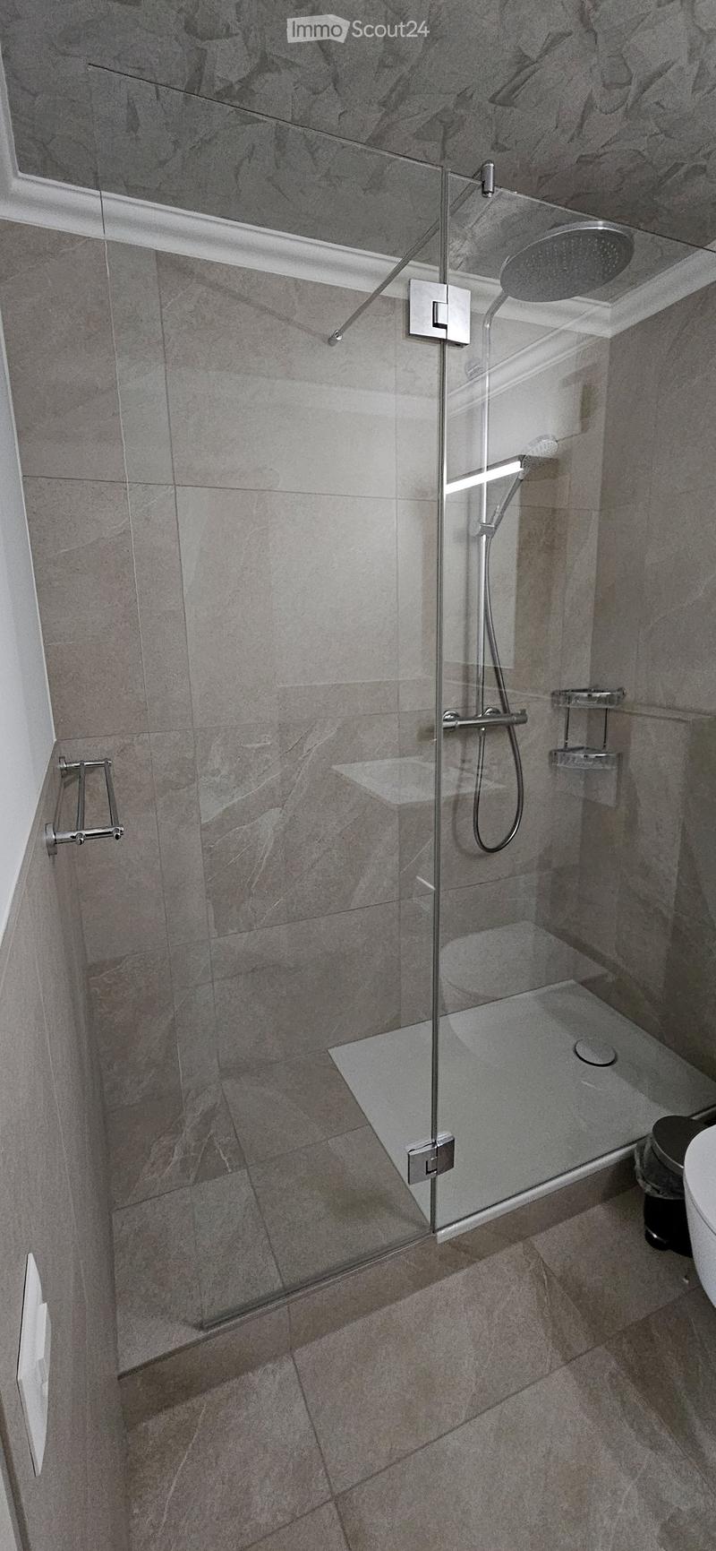 Modern bathroom with a glass-enclosed shower, sleek showerhead, and grey marble tiles.
