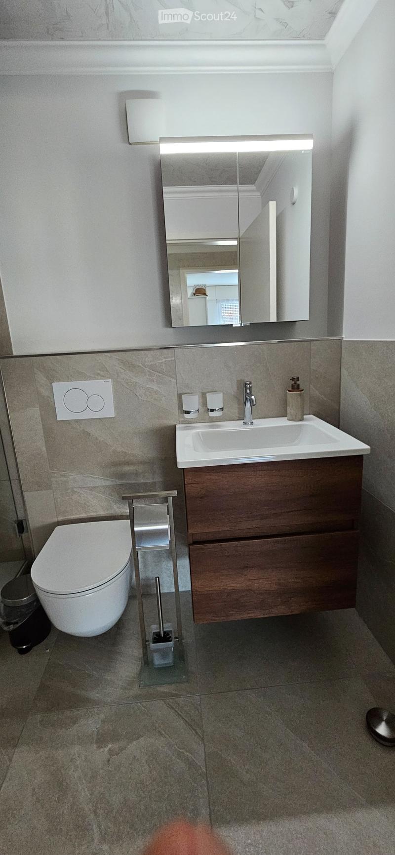 Modern bathroom with a white sink, wooden cabinet, large mirror, toilet, and a sleek design.