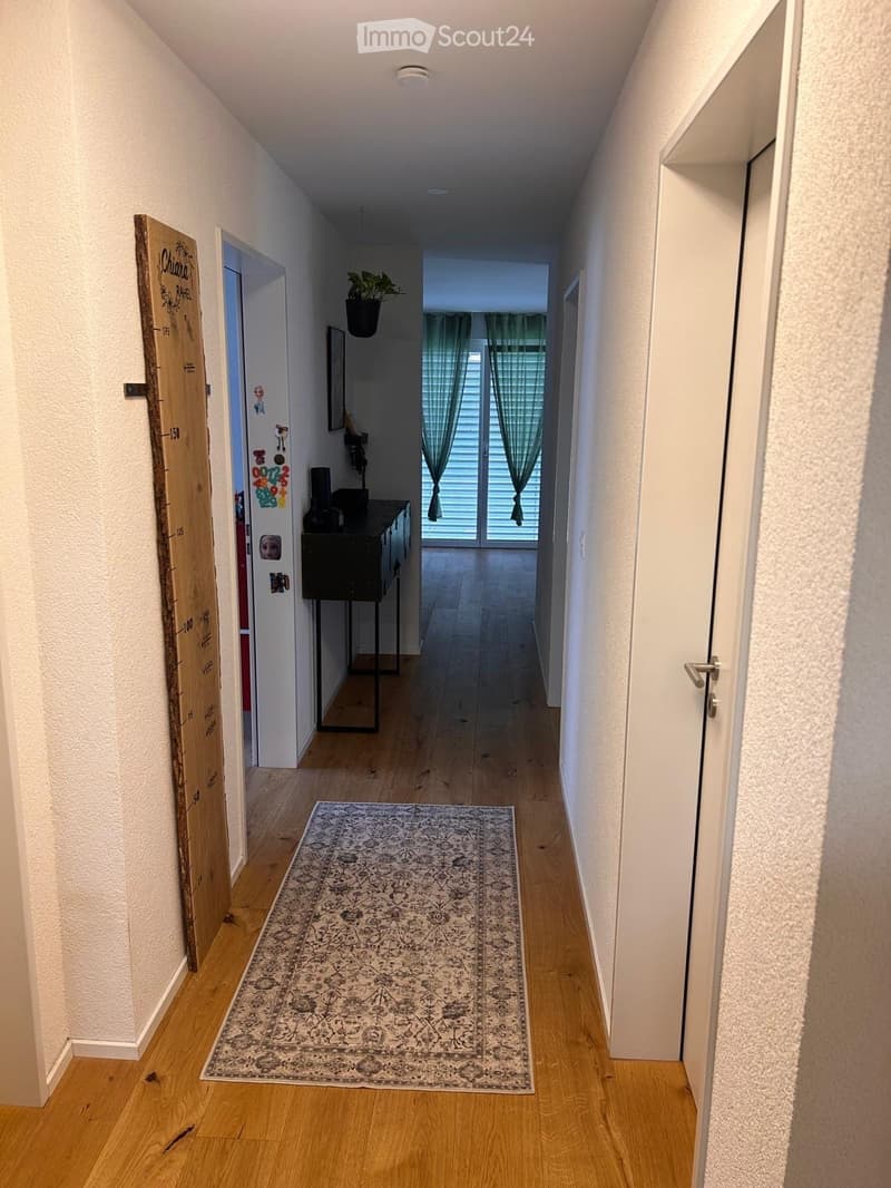 A narrow hallway with wooden flooring, a patterned rug, and a small black console table with a plant in the background. The hallway leads to a room with large windows and a sliding glass door.