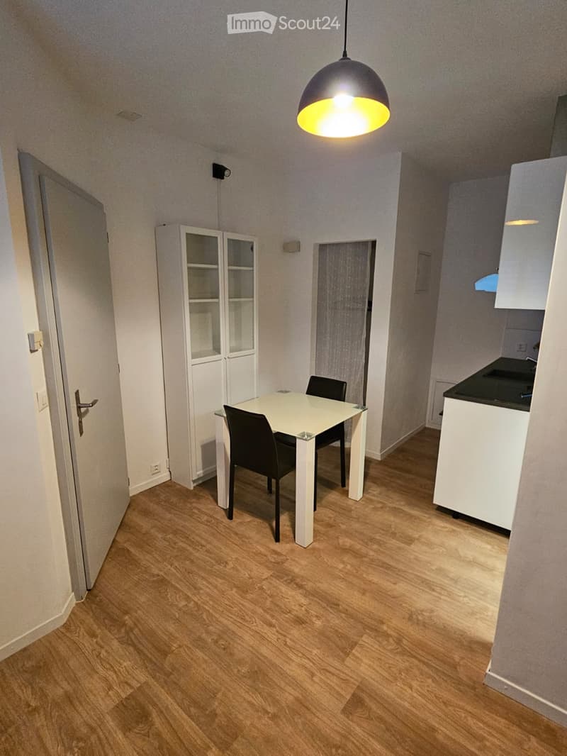 A modern, well-lit dining area with a white dining table, two black chairs, a white cabinet with glass doors, and a small kitchen counter with a sink.