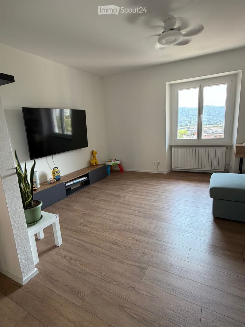 Modern living room with wooden flooring, large windows offering a scenic view, television mounted on the wall, a small table with a potted plant, and a grey ottoman.